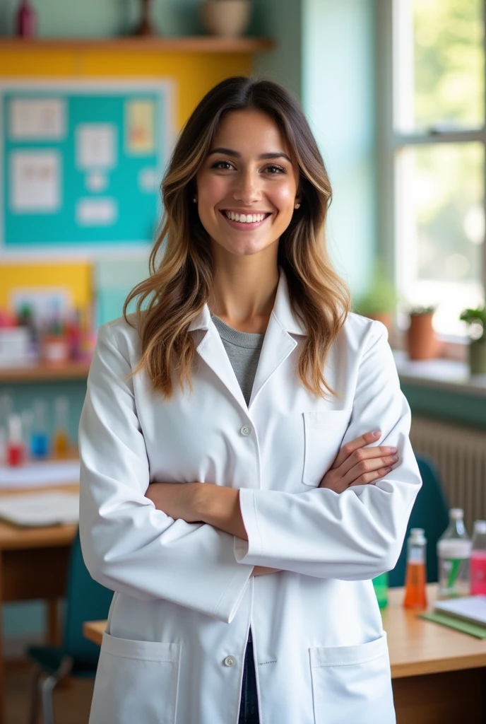 Smiling slim short Portuguese female teacher with straight dark hair in white lab coat with blonde highlights
