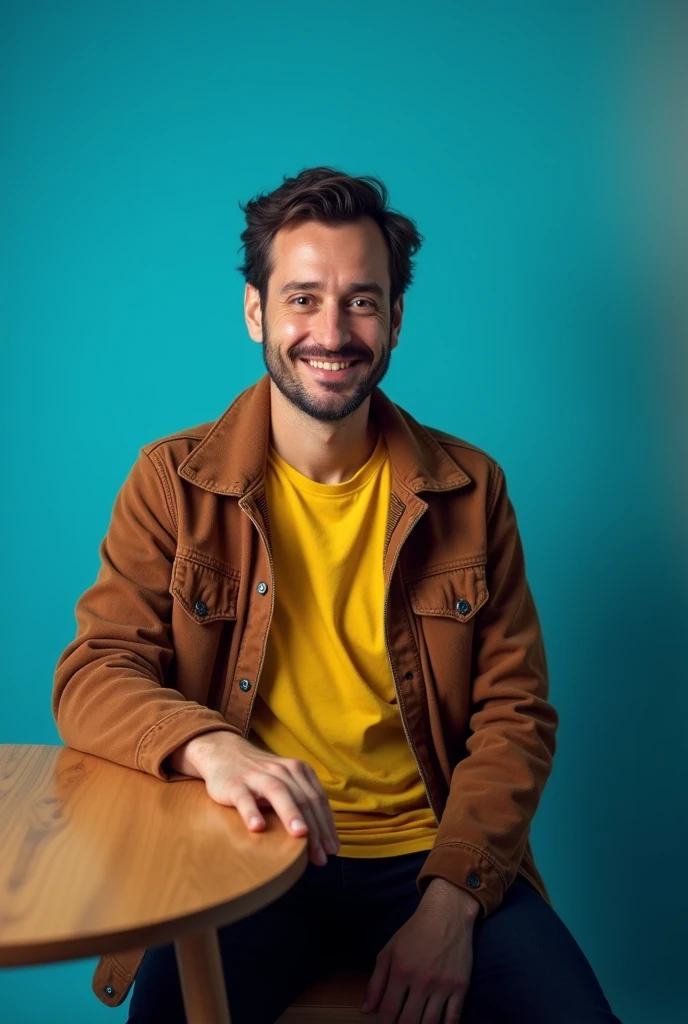 A man siting on chair, fround table, wereing yellow t-shirts and bround joket and little smile, looking in camera with rgb bluer background