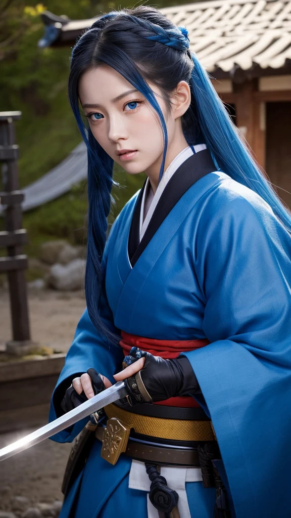 A young female samurai with long blue hair, blue eyes, wearing blue Japanese armor, and holding a katana. She stands on a battlefield. The scene is photo realistic, 8k quality, masterpiece, High Resolution, High Quality.