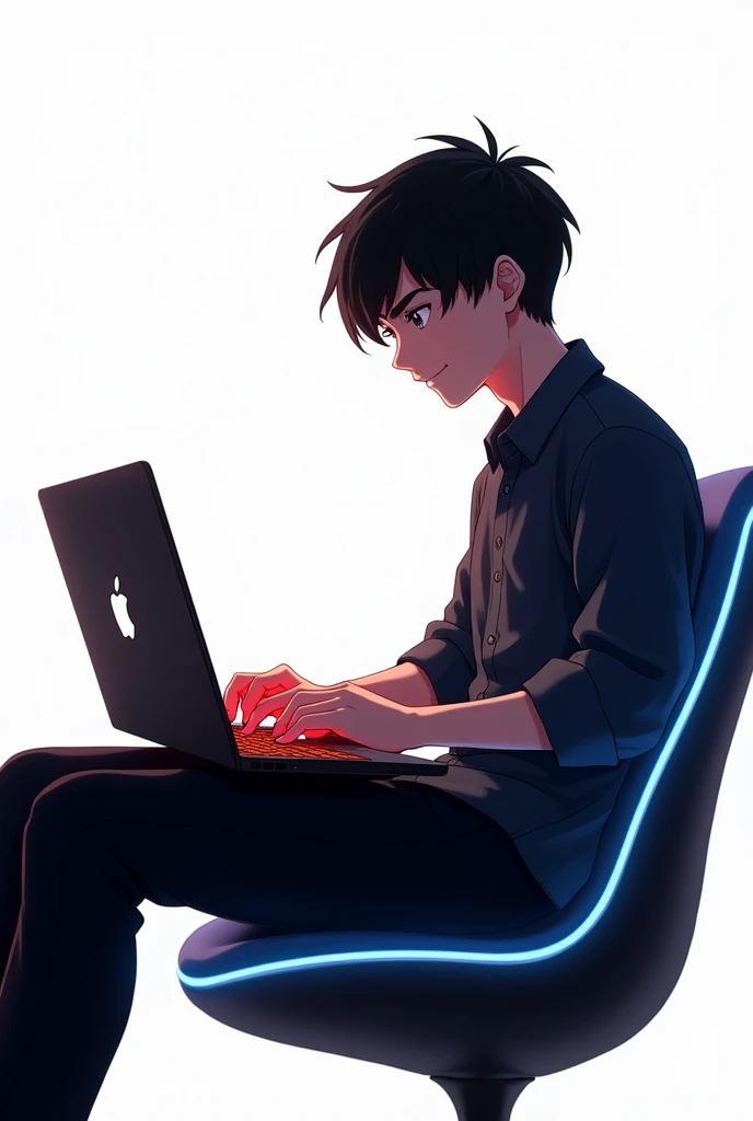 a most realistic anime-style image of a 16-year-old boy working on a blackish Apple laptop with a glowing red keyboard. He’s wearing a dark blue shirt, black pants, and sitting in a stylish black chair with blue borders. The boy is shown from his right side with short stylish hair, white skin, and blackish eyes. He looks happy with a closed mouth, and the background is white.
the apple logo color is black and the border is lighten white. 