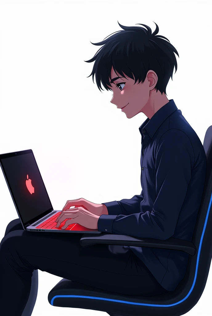 a most realistic anime-style image of a 16-year-old boy working on a blackish Apple laptop with a glowing red keyboard. He’s wearing a dark blue shirt, black pants, and sitting in a stylish black chair with blue borders. The boy is shown from his right side with short stylish hair, white skin, and blackish eyes. He looks happy with a closed mouth, and the background is white.
the apple logo color is black and the border is lighten white.