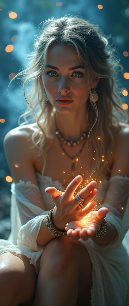 (32K:1.9, Highest quality, masterpiece, Ultra-high resolution), Magical World, Perfect dynamic composition, mysterious:1.3, Highly detailed skin and facial textures:1.3, Cute and sexy slim female mage, beautifully、aesthetic, Cute and sexy beauty, Perfect Style, Wear an exquisite ring, Striking a spell-casting pose:1.3, fire, water, ice, haze, Wind, thunder, Medlore, Fair skin, Very beautiful face, (Mid-chest, Chest gap), (Embarrassed smile, Her facial expression when she felt intense caressing, Facial expressions when feeling happy), (How to take off and put on a gorgeous wizard costume correctly from your shoulders), (Beautiful Blue Eyes, Beautiful erotic eyes:0.8), (Too erotic:0.9, Fascinating:0.9), Full Body Shot, Earrings, necklace, bracelet, Sensual sitting position, (romantic, dramatic, mysterious), Object of admiration, format, artistic, Innovative, attractive, Stimulate the, Extreme, Tilt, ((Adult charm, Feminine charm, Windになびく髪))