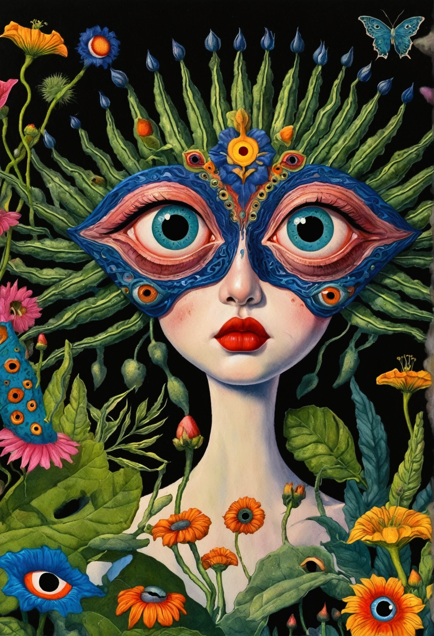 A painting,A flower with big eyes in the painting,Surrounded by plants, Psychedelic surrealist art, The holy grail of the eyes of the brain, Shaman horror ??? art, Psychedelic illustration, Pop surrealism, Surreal psychedelic design, Exotic plants and fauna, Exotic plants, Psychedelic Art, Highly detailed hyperrealistic art, strange plants, hallucinatory art, DMT art, Psychedelic Artwork