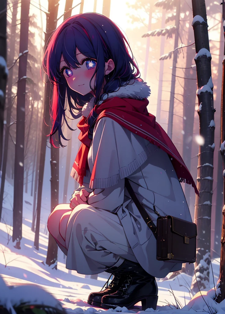 aihoshino, Ai Hoshino, Long Hair, bangs, (Purple eyes:1.1), Purple Hair, (Symbol-shaped pupil:1.5), smile,,smile,blush,white breath,
Open your mouth,snow,Ground bonfire, Outdoor, boots, snowing, From the side, wood, suitcase, Cape, Blurred, , forest, White handbag, nature, Squat, Mouth closed, Cape, winter, Written boundary depth, Black shoes, red Cape break looking at viewer, Upper Body, whole body, break Outdoor, forest, nature, break (masterpiece:1.2), Highest quality, High resolution, unity 8k wallpaper, (shape:0.8), (Beautiful and beautiful eyes:1.6), Highly detailed face, Perfect lighting, Extremely detailed CG, (Perfect hands, Perfect Anatomy),