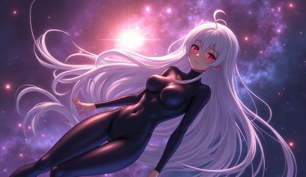 ((Anime girl)), score_9, score_8_up, score_7_up, source_anime BREAK 1girl, solo, space, galaxy, nebula, red eyes, floating hair, white hair, very long hair, glowing, black bodysuit, full body, floating, knees up, fetal position, (head rest:0.3), head tilt, looking at viewer, parted lips, large breasts, skin tight, white skin, pale, from side, abstract background, vibrant, purple theme, ass, [sitting::0.2], (smile:0.4), hugging own legs, caustics, black gloves, magenta theme, science fiction, colorful, vibrant, close-up