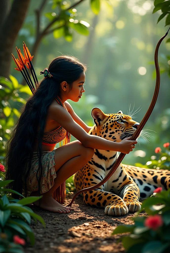 Indigenous girl with black hair, Female car, shooting arrows crouched facing forward near a jaguar body forward and looking forward 