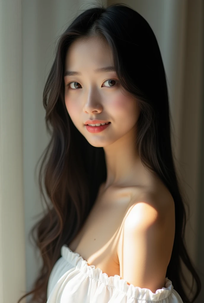 Asian Woman、Natural light、Young face、Black Hair、Long hair up to the chest、Straight hair beauty、Big eyes、Small mouth、The banner is narrow and high-nosed.、White skin、Smile with your mouth closed、a small face
A chin that is not broken、A small, pointed chin