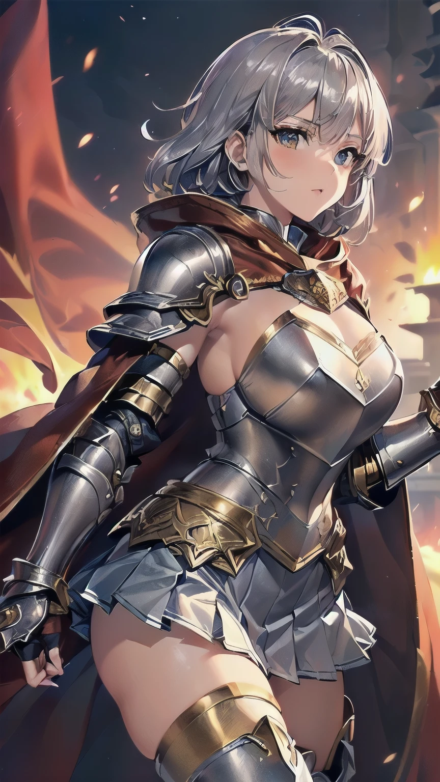 1girl，((Beautiful blue medium hair，Golden Eyes:1.3))，((Silver metal armor covering the upper body，pleated micro mini skirt，Thigh-length silver metal boots，，Silver metal gauntlets，A very large red cloak:1.35))，8K quality，Extremely sophisticated digital art，Strong winds，Perfect beautiful girl