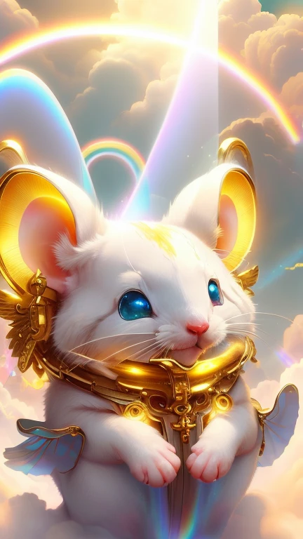 god々Cute mouse１animal、Rainbow aura of the mouse,Looking into the camera、Look at this、Background gold、Floating in the clouds