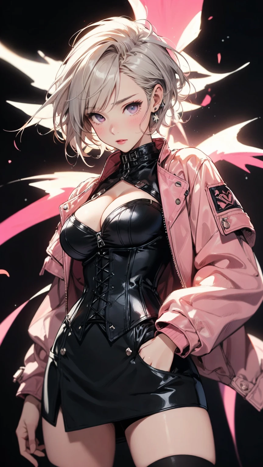 (Angle from below), A woman with something in her pocket, Asymmetrical short hair, Big Breasts, Exposed cleavage, Leather corset that fits perfectly to the skin, Tight black mini skirt, Pink jacket, Black Background, Anime Style, Digital Painting, (masterpiece), (Highest quality), (Very detailed),