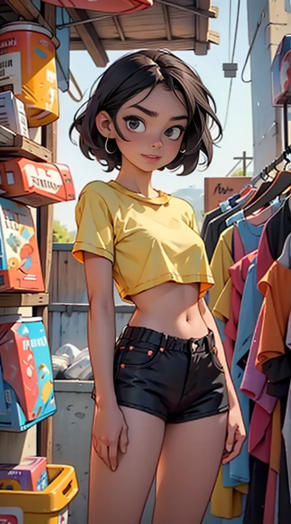 Defined female body thick thighs detailed body parts, wearing only bra, tight shorts, open pose, very detailed, round chest, beautiful makeup, leaning over, straight black hair, saying hi