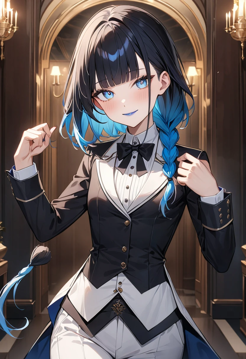 (masterpiece, top quality, very aesthetic, 4k、illustration), intricate detail, 1woman,(Women in men's clothing)、solo,contrapposto 、(gradient eyes、tareme)、Strong glowing eyes、blunt bangs,Fair skin,(cowboy shot)、Cool women、light smile、(Blue lipstick),beautiful face、(gradient hair)、(short single braid)、multicolored hair,sidelock ,blue　eyes、Butler's uniform、Pants Style、small breasts、slender 、