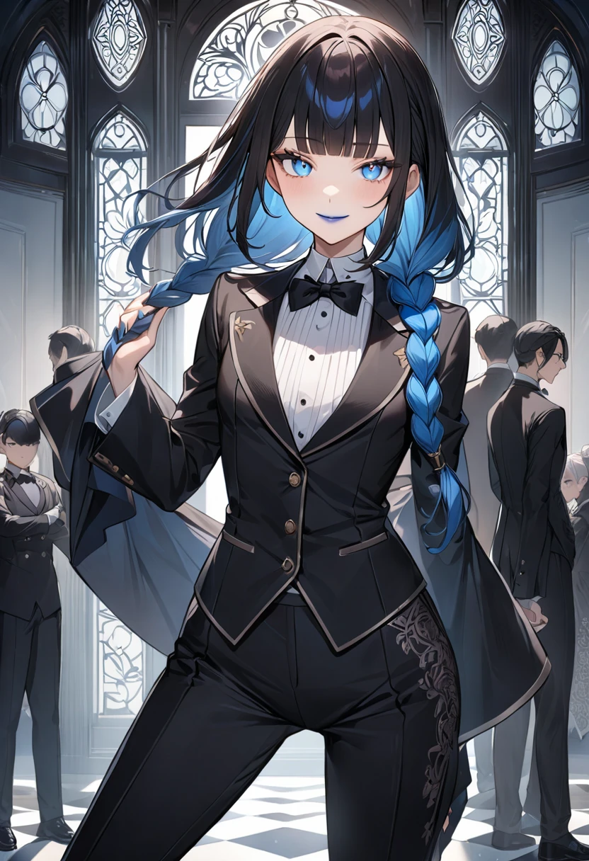 (masterpiece, top quality, very aesthetic, 4k、illustration), intricate detail, 1woman,(Women in men's clothing)、solo,contrapposto 、(gradient eyes、tareme)、Strong glowing eyes、blunt bangs,Fair skin,(cowboy shot)、Cool women、light smile、(Blue lipstick),beautiful face、(gradient hair)、(short single braid)、multicolored hair,sidelock ,blue　eyes、Butler's uniform、Pants Style、small breasts、slender 、