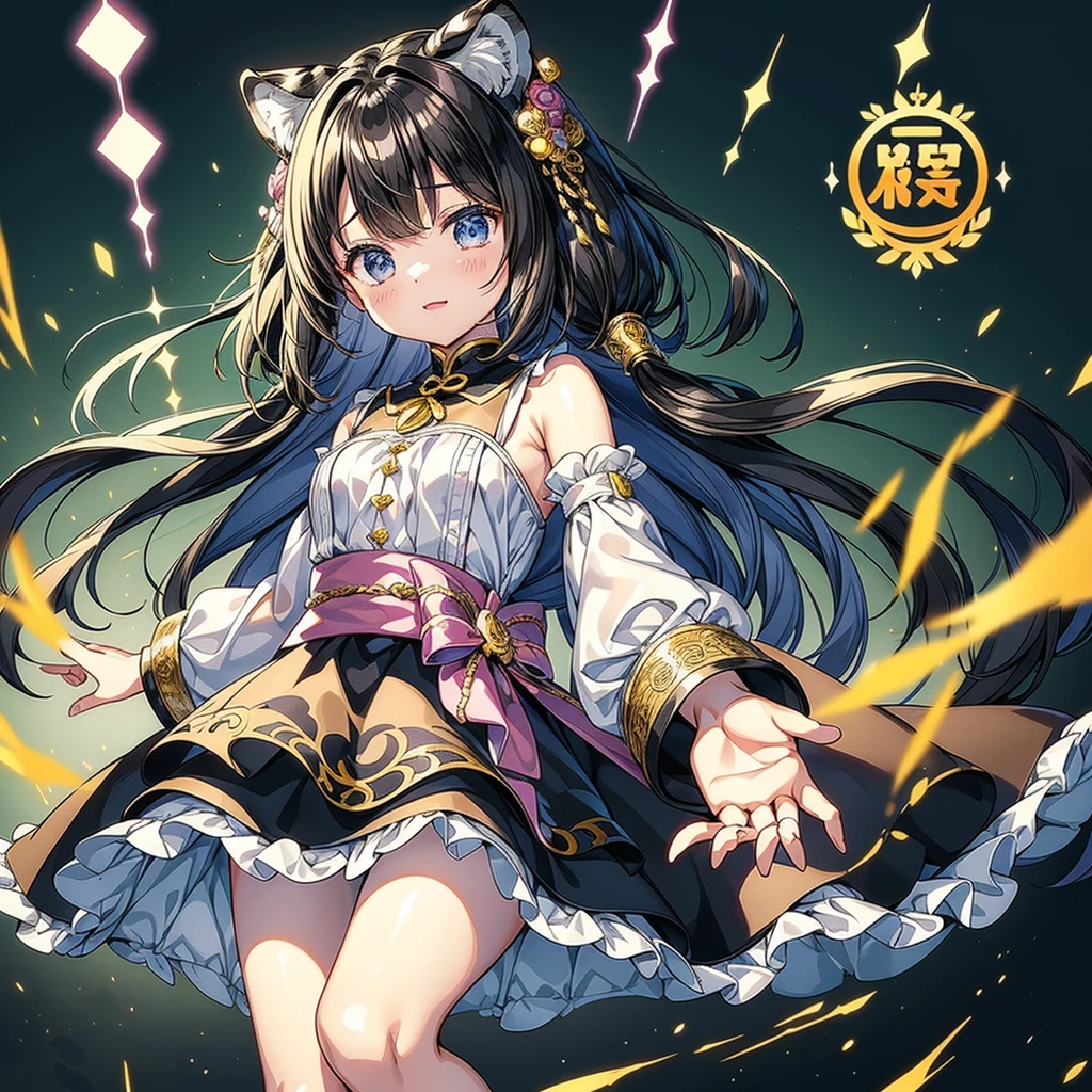 Fantasy、cute白虎の赤ちゃんを抱きかかえる人間の美少女、Highest quality、Masterpiece、Dynamic composition、The background is a black and white tiger pattern、cute、