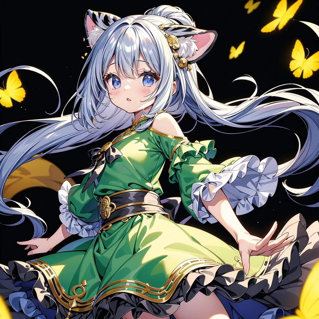 Fantasy、cute白虎の赤ちゃんを抱きかかえる人間の美少女、Highest quality、Masterpiece、Dynamic composition、The background is a black and white tiger pattern、cute、