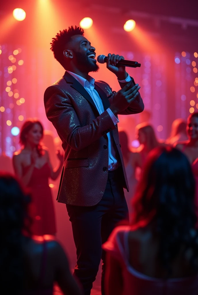 A foreign black male soul singer performing passionately at a party.