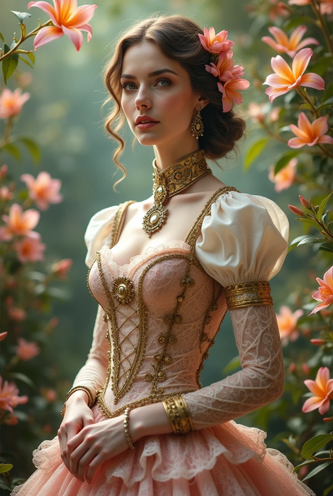 Created in HD (64k) Beautiful Victorian woman, full body, lots of exotic flowers, pastel colors, steampunk style. Hyper Realistic.