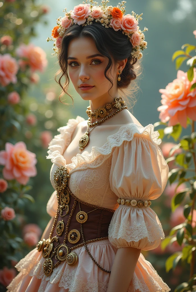 Created in HD (64k) Beautiful Victorian woman, full body, lots of exotic flowers, pastel colors, steampunk style. Hyper Realistic.
