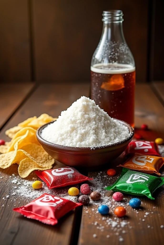 Finish with an image of all three foods together on a table (sugar, processed foods and soda)