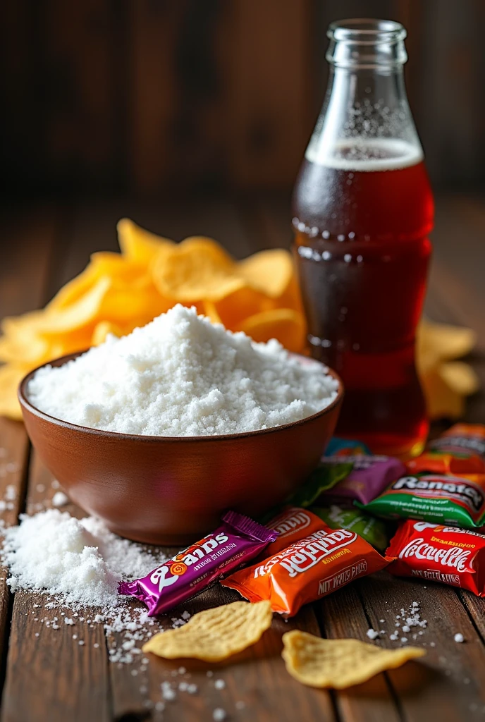 Finish with an image of all three foods together on a table (sugar, processed foods and soda)