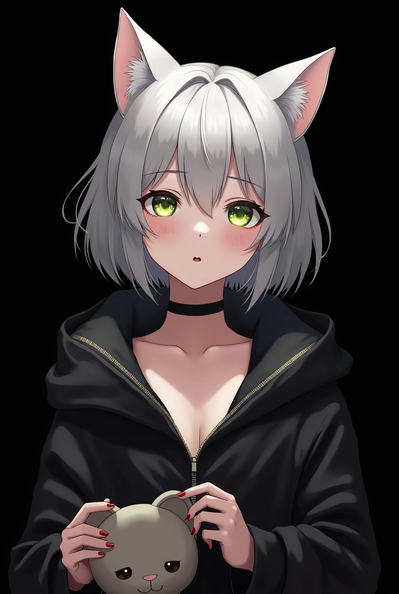 1girl, :3, animal_ears, bangs, black_background, black_jacket, blush, cat, cat_ears, choker, cleavage, closed_mouth, collarbone, eyebrows_visible_through_hair, green_eyes, hair_between_eyes, jacket, letterboxed, looking_at_viewer, medium_breasts, sarashi, short_hair, silver_hair, solo, stuffed_animal, stuffed_toy, transparent_background, upper_body, virtual_youtuber, white_hair, wears techwear clothes, detailed, masterpiece, Negative prompt: text, extra limbs, extra fingers, fused fingers, missing facial features, low quality, bad anatomy, Missing limbs, scary, ugly, extra face, elongated body, cropped image, out of frame, draft, deformed hands, signatures, twisted fingers, double image, long neck, malformed hands, disfigured, cut-off, kitsch, over saturated, grain, low-res, mutation, mutated, floating limbs, disconnected limbs, out of focus, long body, disgusting, poorly drawn, mutilated, mangled, duplicate artefacts, morbid, gross proportions, missing arms, cloned face, missing legs, watermark, heterochromia, multiple bodies, 2 heads, 2 faces, furry,
