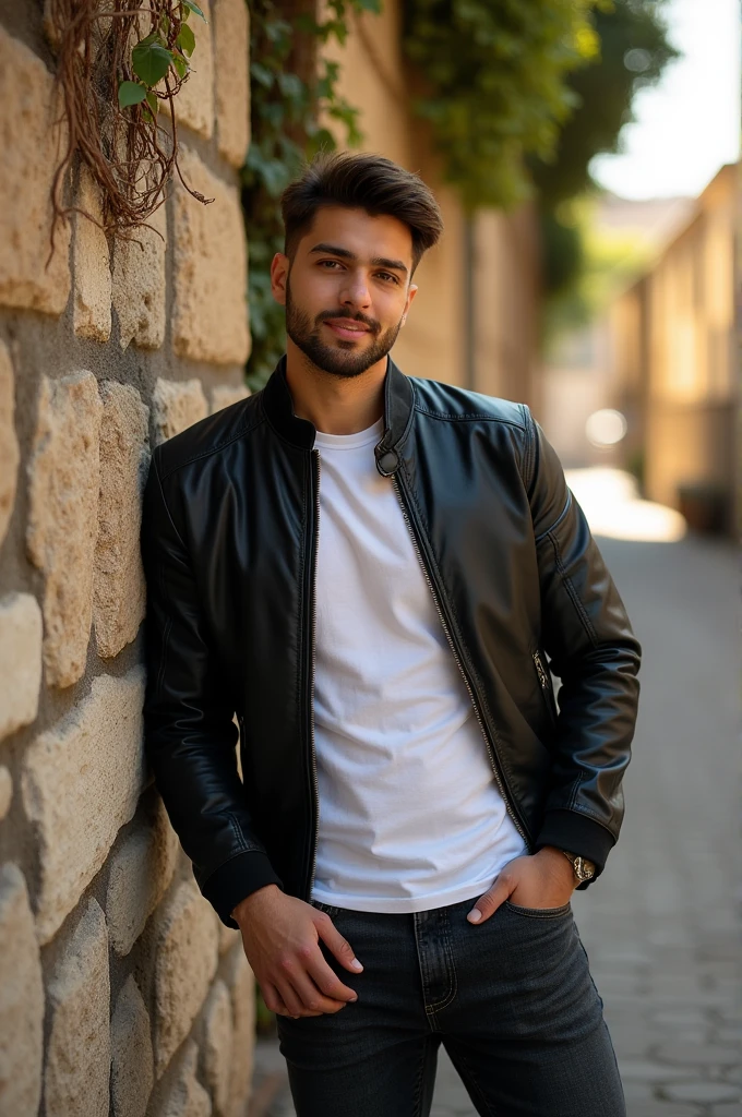 A wall and man standing beside the wall pointing himself 