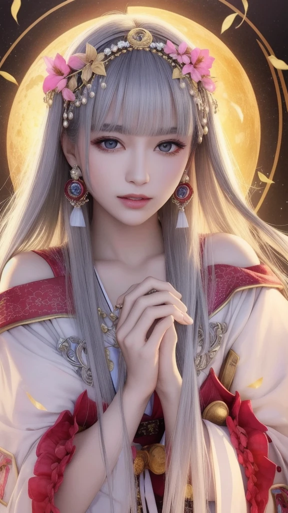 (masterpiece, Highest quality, 1 female, alone, Exquisite detail, chromatic aberration), (Realistic), (skin), ((breathe)), (Silver Hair, Blunt bangs, Short cut straight long hair, Short bangs, Silver Hair), Beautiful Hair, Red headdress, highlight, Hair on one eye, Beautiful Eyes, Purple eyes, Thick lips, Earrings, Sharp Eye, ((Gold and white kimono)), ((Symmetrical eyes)), ((Perfectly symmetrical body)), ((Perfectly symmetrical hands)), (PurerosFace_v1:0.3), Full moon night, ((Own, Natural light))), Bright lighting, Flowers Blooming in background, In front of the audience, ((Central Shot, from the front, (Face and shoulders))), Mysterious atmosphere, colorful Flowers Blooming around, Light colored background, 着物を着たShrine maiden, 美しいShrine maiden, Shrine maiden, ファンタジーのShrine maiden, 占いのShrine maiden, Fantasy Photography, Japanese style, Elegant cinematic fantasy art, Fantasy Woman, Magician Portrait, A powerful wizard surrounded by mystical colorful flowers, Embracing a shining heartrystal ball, Eyes glowing with mystical energy, The spell that escapes from her mouth, A vibrant, pulsating, rainbow-colored vortex of magic appears in the air., The magic permeates, Flowers Bloom, Sacred creatures gaze upon with awe, Threads of magical energy dance, Uncover hidden areas, Uncovering the secrets, Capture the essence of this enchanting moment、Highest qualityのキャンバスに魔術の神秘的な力を生き生きと表現します。. Highest quality, masterpiece, ultra High resolution, (photoRealistic: 1.4), RAW Photos, Sharp focus, High resolution, detailed skin.
周囲にFlowers Bloom, Light colored background, fortune teller in kimono, beautiful fortune teller, fortune teller, fantasy female fortune teller, female fortune teller, Fantasy Photography, Japanese style, fortune teller in kimono, Elegant cinematic fantasy art, Fantasy Woman, Magician portrait, fortune teller, A powerful wizard surrounded by mystical colorful flowers, Embracing a shining heart、Face forward、love、Light background pink