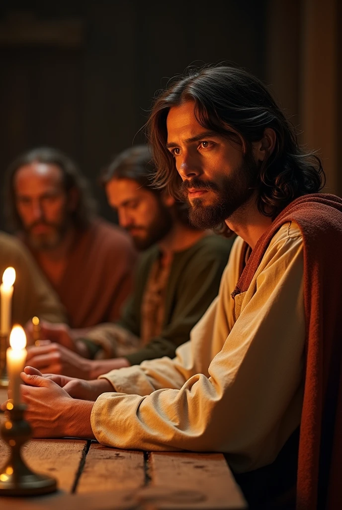 Jesus Christ was created dying with brown eyes,in the midst of the supper