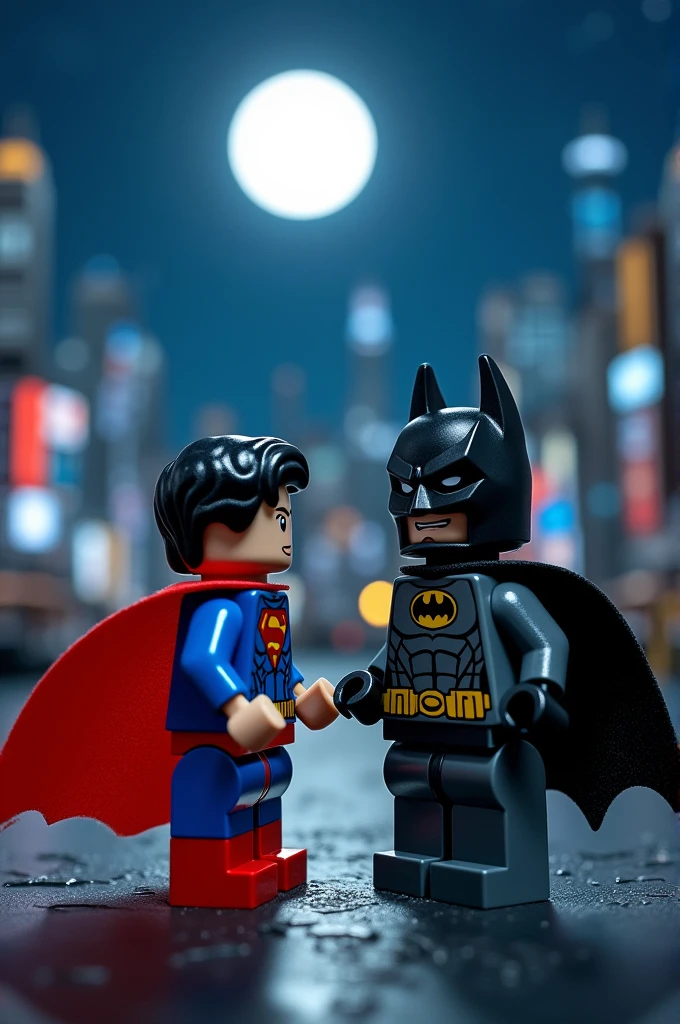 Superman and Batman in lego art, night