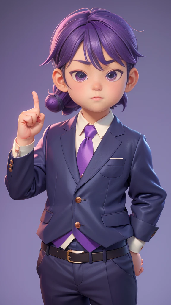 (The best quality at its best,4K,8k,High resolution,masterpiece:1.2),Super detailed,(Actual,Realistically,Realistically:1.37)A very chubby boy。He is the president。suit。Purple Hair。Purple tie。Highly detailed characters, Anime style 3D, Algorithm animation, Rosco style, Cute and complex digital art, Highly detailed charactersデザイン, Close-up of a person, Realistic anime 3D style, Children art station,Unique Pose、Upper body close-up 