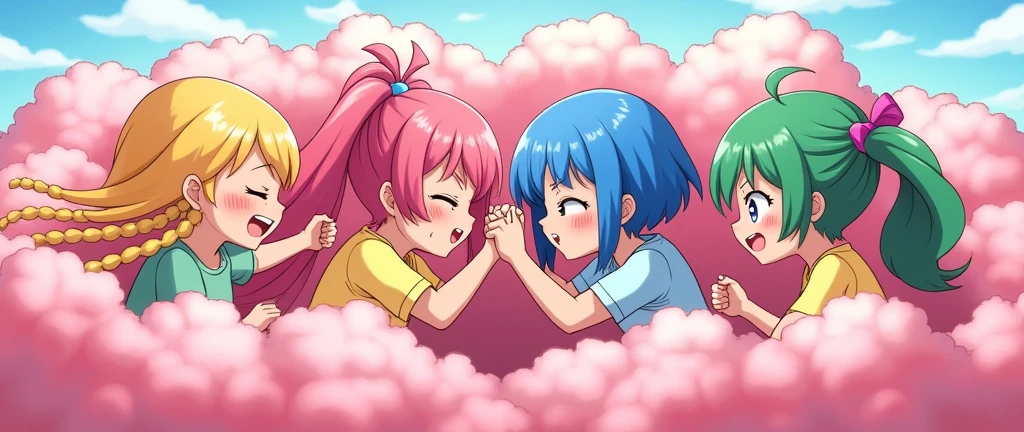 An anime-style illustration depicting four girls and adult woman playfully wrestling with each other inside a pink comical fight cloud.
each girl has different colored hair: one with blonde braided,another with pink ponytaile,and one with blue bobcuts,and one with green twin tailes and one adult woman with black long hiar.
their faces,hands,and feet are visible emerging from the cloud as they tussle humorously, with the rest of their bodies completely hidden inside the cloud.
the illustration emphasizes the humorous and energetic nature of their scuffle,with a fluffy andexaggerated fight cloud.