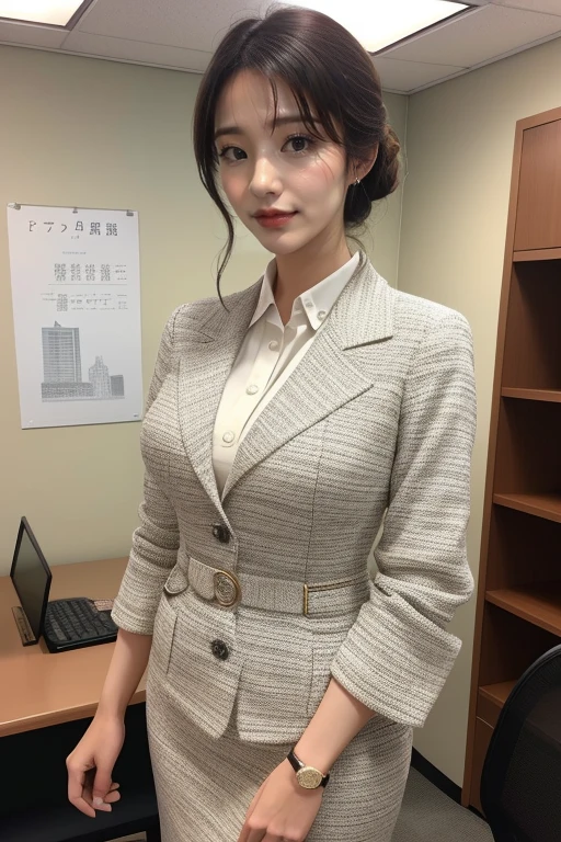 Japanese woman dressed as an office lady、
(((masterpiece))), ((Highest quality)), ((Intricate details)), (((超Realisticな)), Very detailed, Realistic, one person's,, Perfect hands, Detailed fingers, Beautiful and detailed, short hair,,((Dark blue tight skirt:1.2)), Detailed Background、Dark interior,White blouse,Captivating eyes, Look at the viewers, Butt、Calf、(High heels),(pantyhose),Captivating thighs
