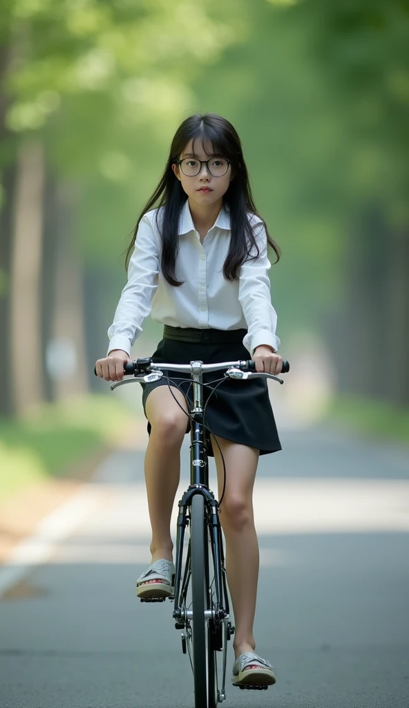 true photo, 12-years-old, Japanese girl, (riding bicycle on park road:1.4), wearing white blouse with collar and black skinny very short skirt, flat breast, without jacket, open some buttons to show brassiere, black skinny short skirt, (riding bicycle without helmet:1.2), sitting on bicycle saddle, (view including whole head and body and legs:1.4), weeping, crying, sad, dropping tears, thin and narrow waist 1belt, wearing thin and round frame glasses on face, brassiere seen through, standing in bright office, full body view, best quality, masterpiece, ultra high res, (photorealistic:1.4), brown eyes, double edged eyelids, slightly symmetric eyes, black long hair, (extremely detailed natural human skin), detailed natural human hair, detailed natural hum lips, looking at viewer, (detailed clothes:1.2), (extremely detailed eyes and face), 8k, RAW photo