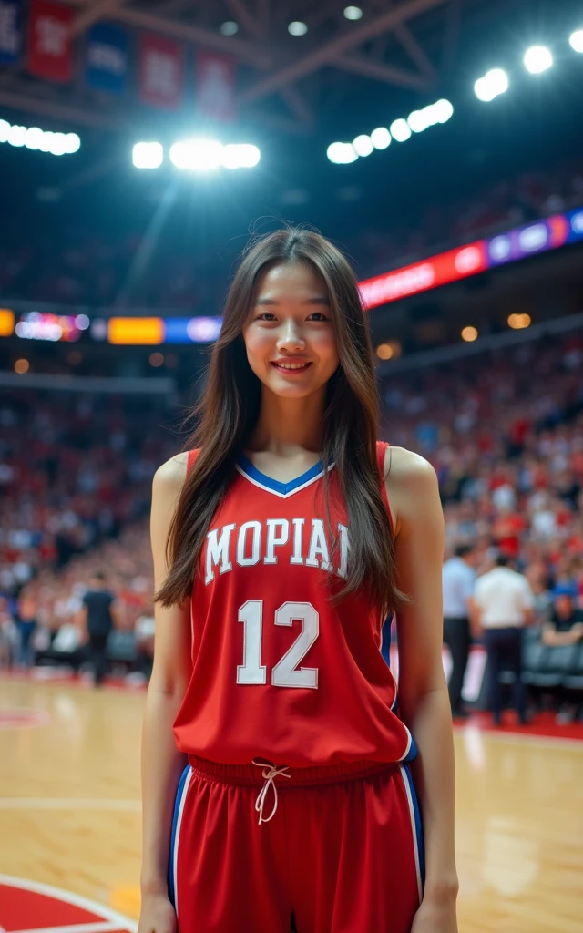 A beautiful Korean girl playing basketball,Interview with journalists(Half-length photo),18-year-old girl,White skin,Beautiful facial features,Sexy lips,Smiling at the camera,Glorious NBA game scene,An NBA stadium filled with spectators as the backdrop,