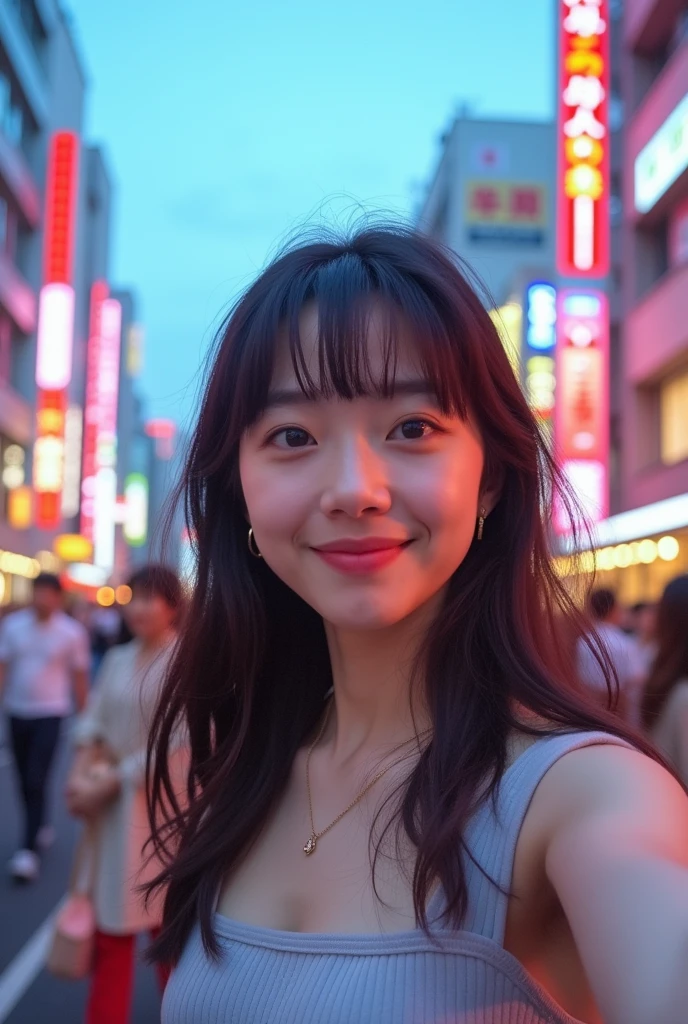 From the angle of a selfie、A 20-year-old Japanese woman who is cute enough to be an idol、The background is the city