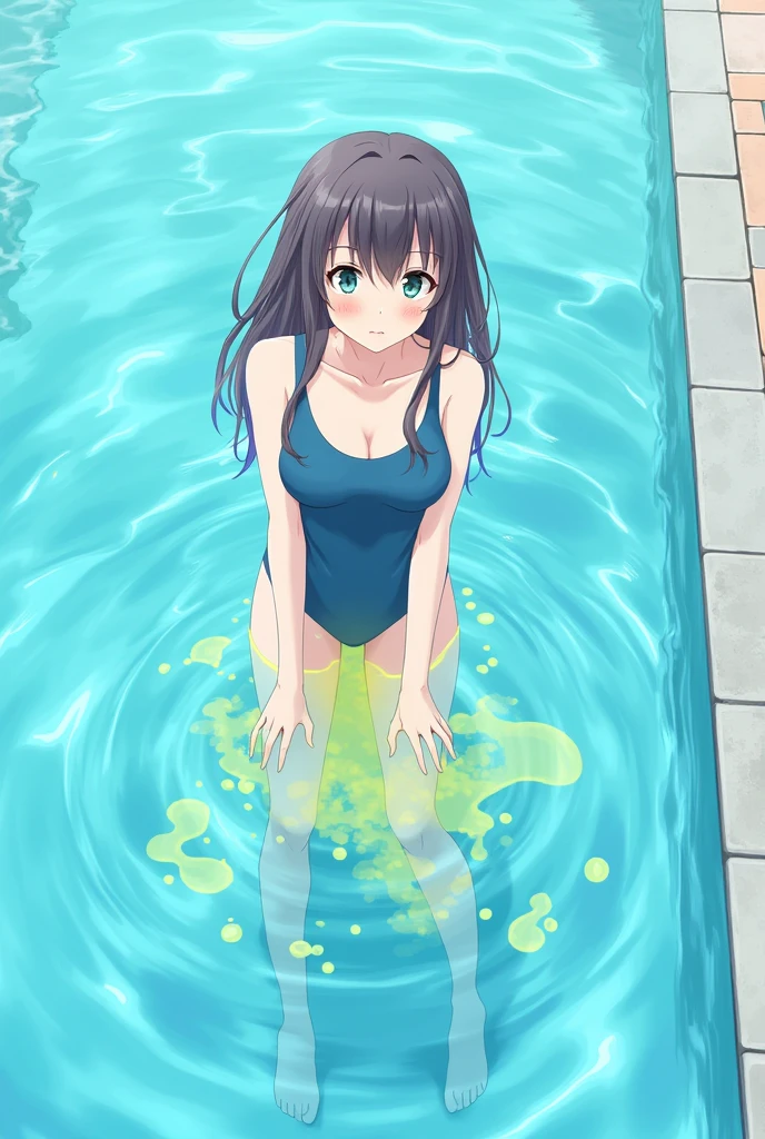Anime, girl, girl in a blue swimsuit, half in the water, pissing herself, pissing with yellow urine, yellow urine flows from the swimsuit, yellow urine dissolves in the pool, yellow urine under water, there is a spot of yellow urine in the pool, a girl under water, a cloud of yellow urine under the water