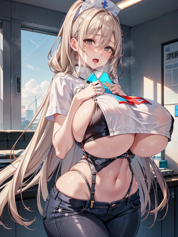 (8k, RAW photo, best quality, masterpiece, soft cinematic lighting, soft color:1.4),(ideal ratio body proportions:1.8),(front view:1.6),(looking  at viewe:1.6),(beautiful eyes focus:1.7), (realistic), (hospital background:1.4), (solo, mature woman,19years old,super beautiful face,super detaild beautiful brown eyes :1.8), (sexy nurse uniforms:1.4),(show off nipple:0.5),(embarrassed,red Cheeks:1.25),long hair, {{slicked back hair}}, white blonde color hair, clean skin, (smaller butt:0.5),(coverd nipple:0.8),(beautiful sagging huge long wide heavy breasts:1.5),(under boob:1.6), (Perfect body skinny beauty:1.5),(open mouth:1.3),(lying,on back:-0.0),(heavy breathing:1.5)