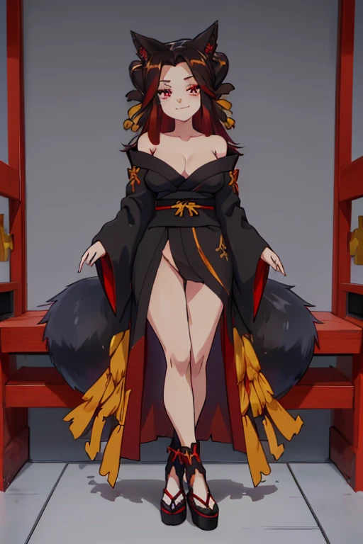 female, black long messy hair, red eyes, black fox ears, nine black fox tails, (((1girl))), (((black kimono with red and gold trim))), (red sash), (black knee high toeless socks), (red sandals), cute and sexy, full body, big breasts, long legs, smiling, shoulders exposed