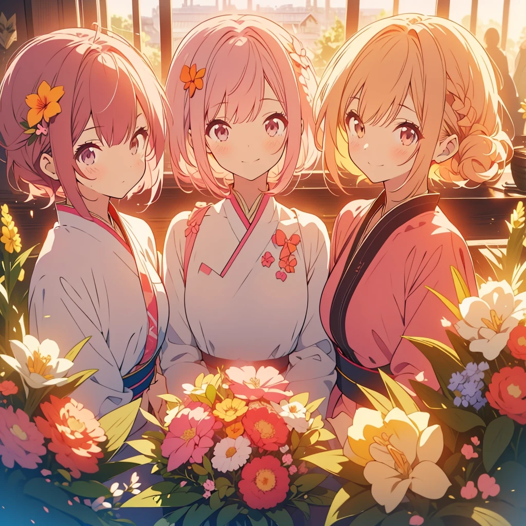 kawaii, anime, Cute, hyper quality, highly detailed, 8k, Clarity, Draw facial expressions in detail,  with short pink hair, freesia flower, bouquet, younger sister, younger brother, parents, friend, good friends, smile, Netherlands, surrounded by many people, friendship, best friend, family love, classmate, lover, (One girl with pink hair, the others are brown or blonde), 