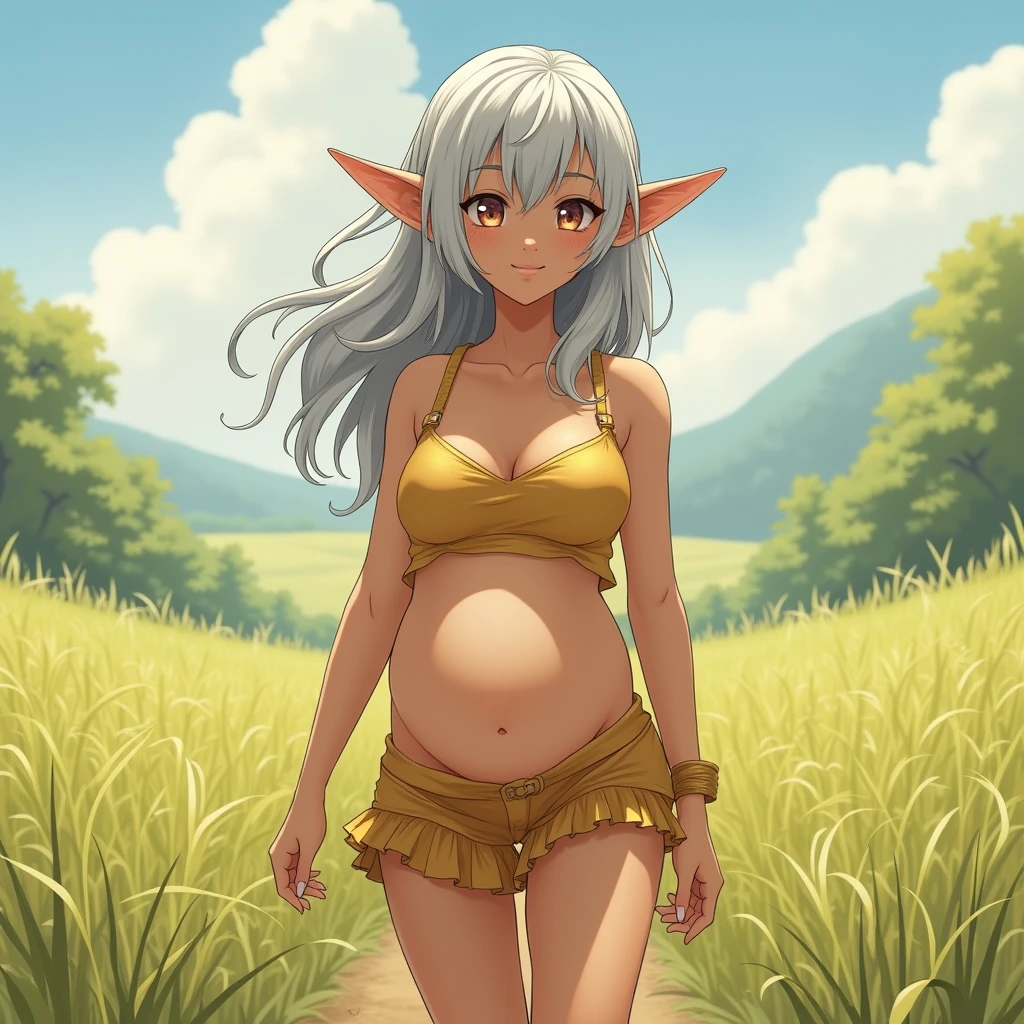 Anime Style Brown skin Silver Hair Young face low length Big Breasts Camisole Maternity Extremely thin gold material Clothing Elf grassland Walking