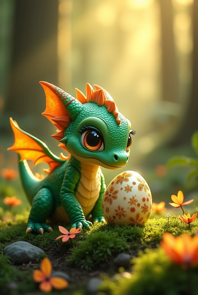 Baby dragon saw an egg, surprised