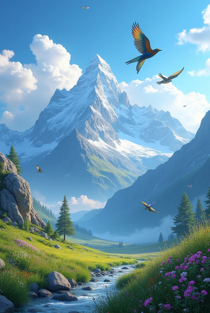 Mountains with clear weather and birds flying