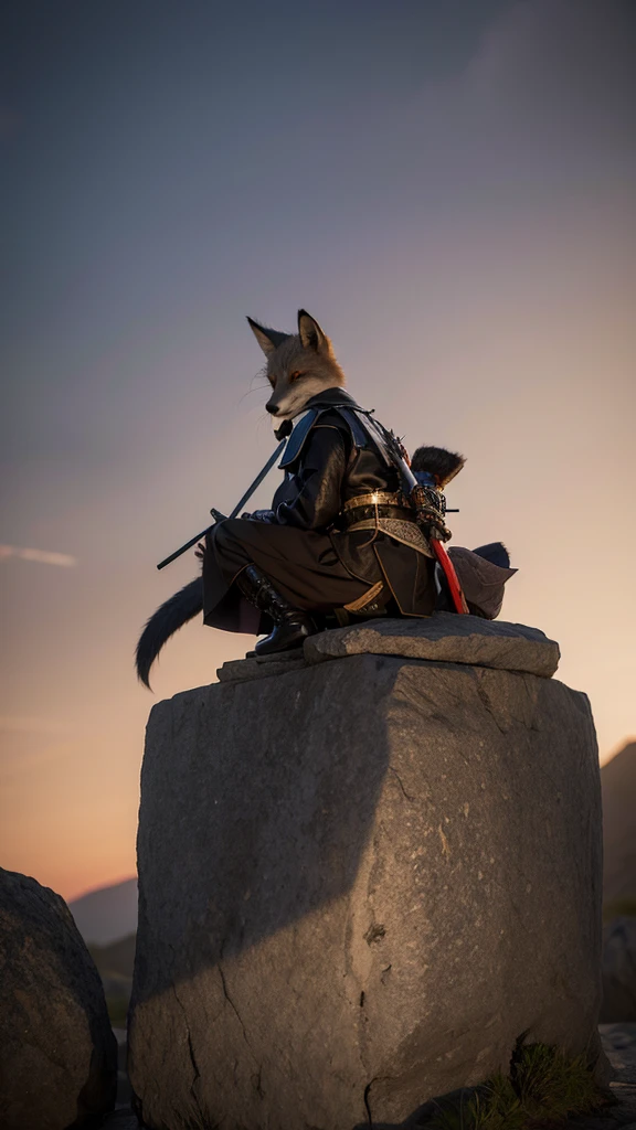 Samurai sword,stuck in stone,There is a fox next to you