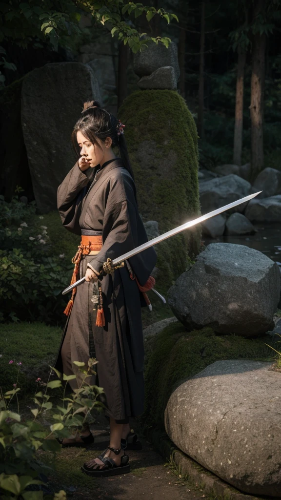 Samurai sword,stuck in stone,There is a fox next to you