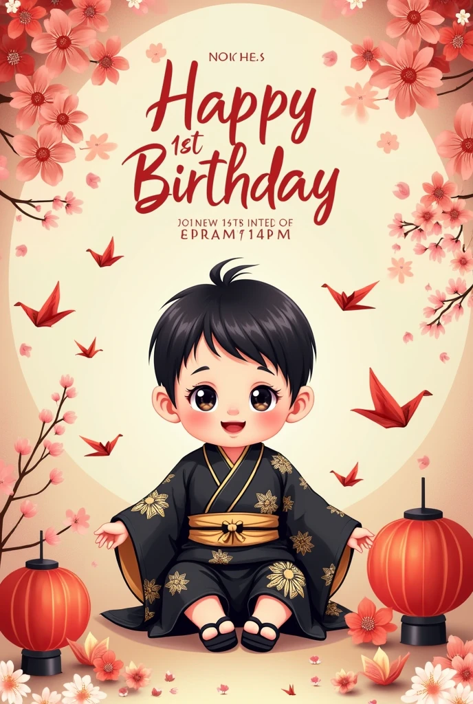 Create a baby boy 1st birthday invitation image, whose theme is about Japan, put things that refer to Japan. In the invitation, Draw a picture of a Japanese baby with black, straight hair wearing a beautiful black and beige Kimono., put him wearing a little black shoe. Put a nice phrase about celebrating his first year of life, Local and data of the celebration