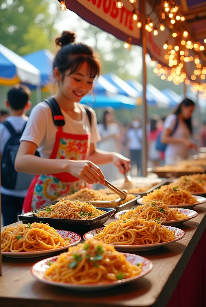 Selling yakisoba at the school festival。Name is「BOST Fried Noodles」is。The ingredients are pork、cabbage、もやしis。Please make it look POP