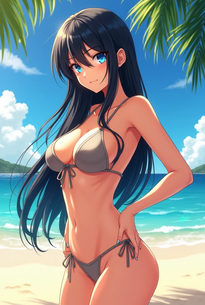 anime sexy woman wear bikini and show her leg with perfect body black hair beautiful eyes big ass big boobs white skin