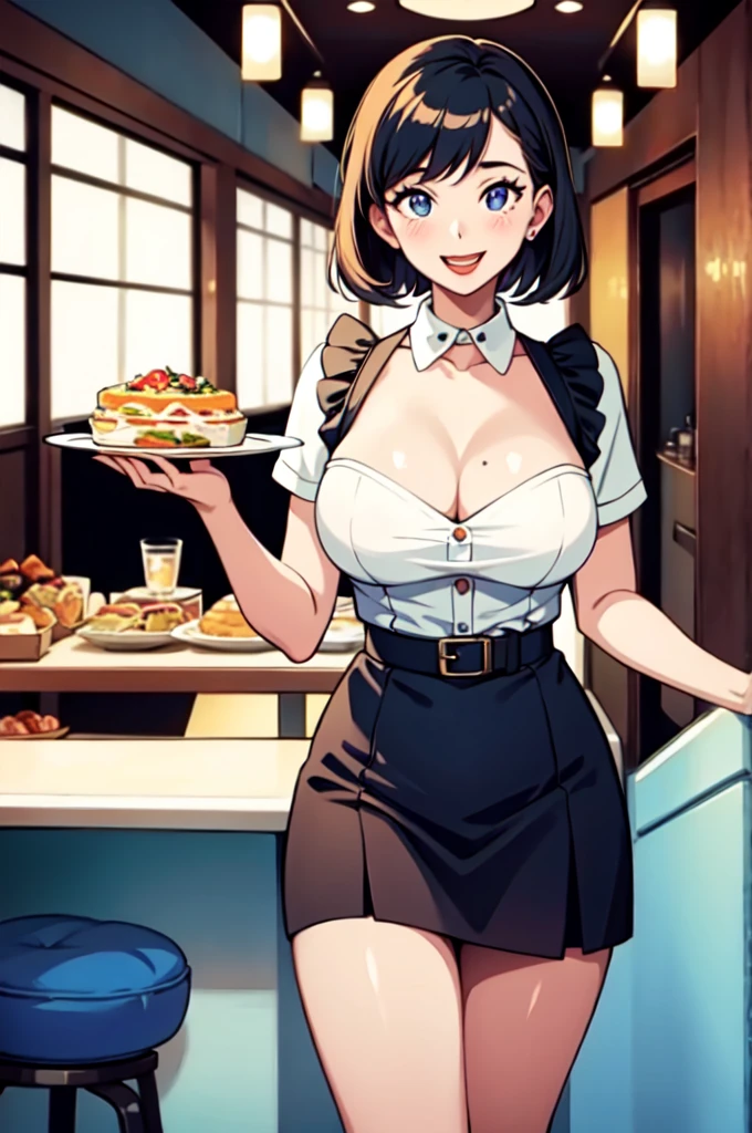 masterpiece, best quality, 1girl, solo, diner, waitress, holding a plate, happy, 1950s, cleavage, thigh, short skirt, sexy