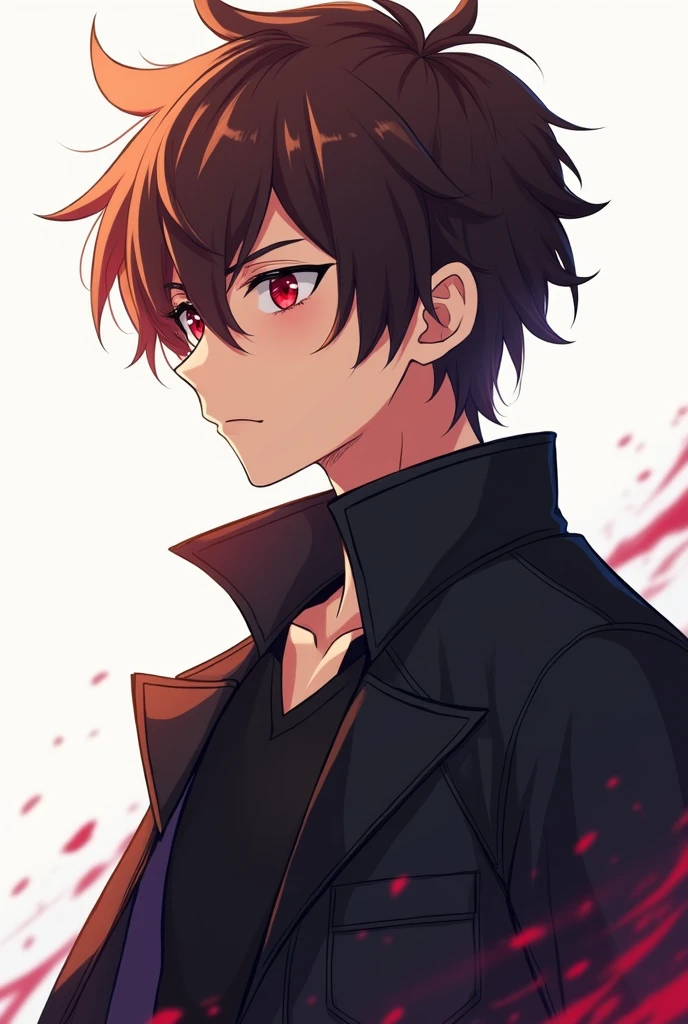 A 2d logo anime boy having brown hair and red eyes and simple black jacket looking left straight to camera