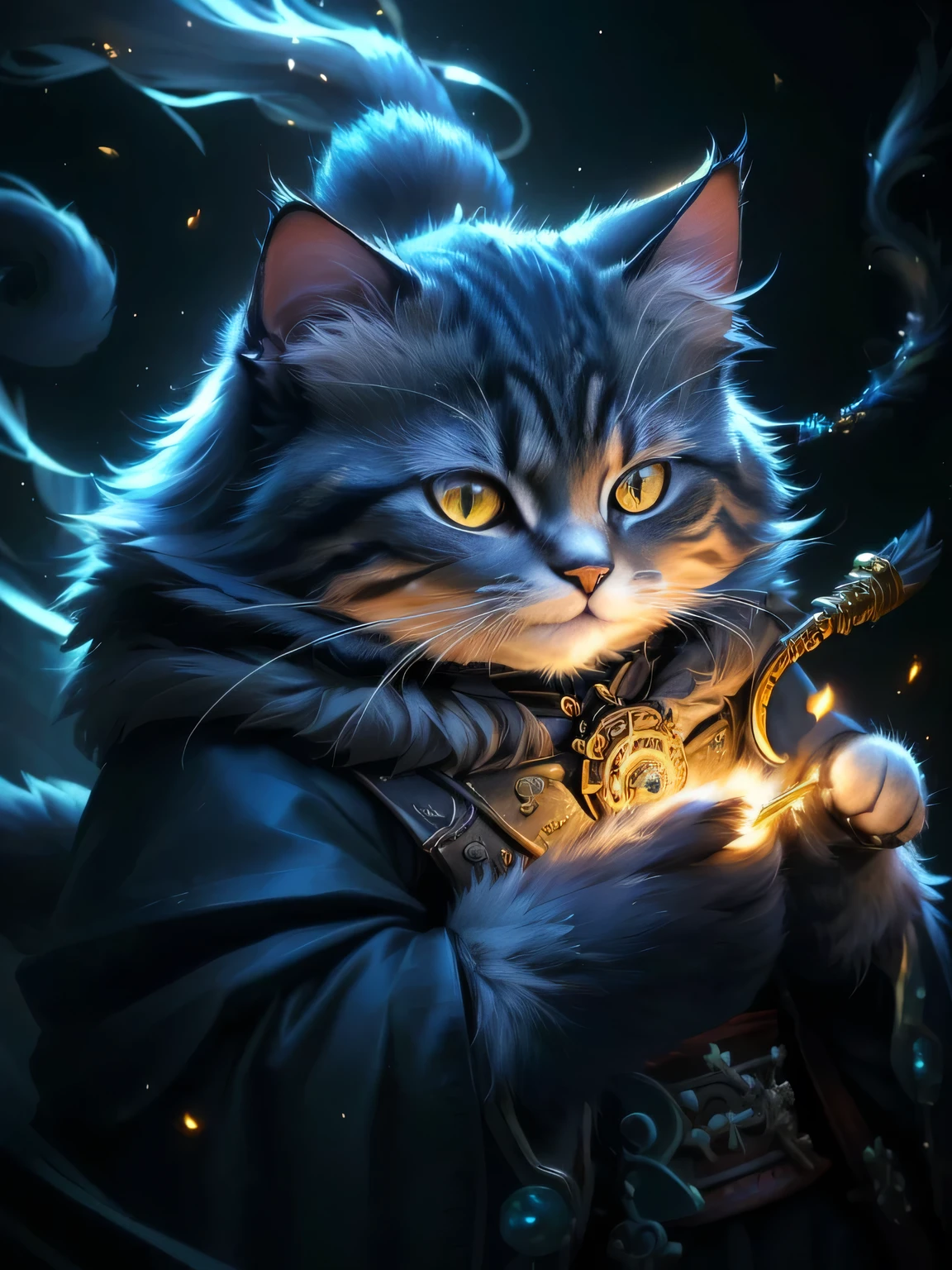 A close-up of a cat holding a wand with its paw, Furry Fantasy Art, Fantasy card game art, Anthropomorphic cat, Great cat, god of cats, steampunk cat, Super Math Wizard Cat, Cat from the void, High quality fantasy art, Samurai Cat fan art, Cat warrior, 4k fantasy art, Samurai Cat, Realistic fantasy artwork